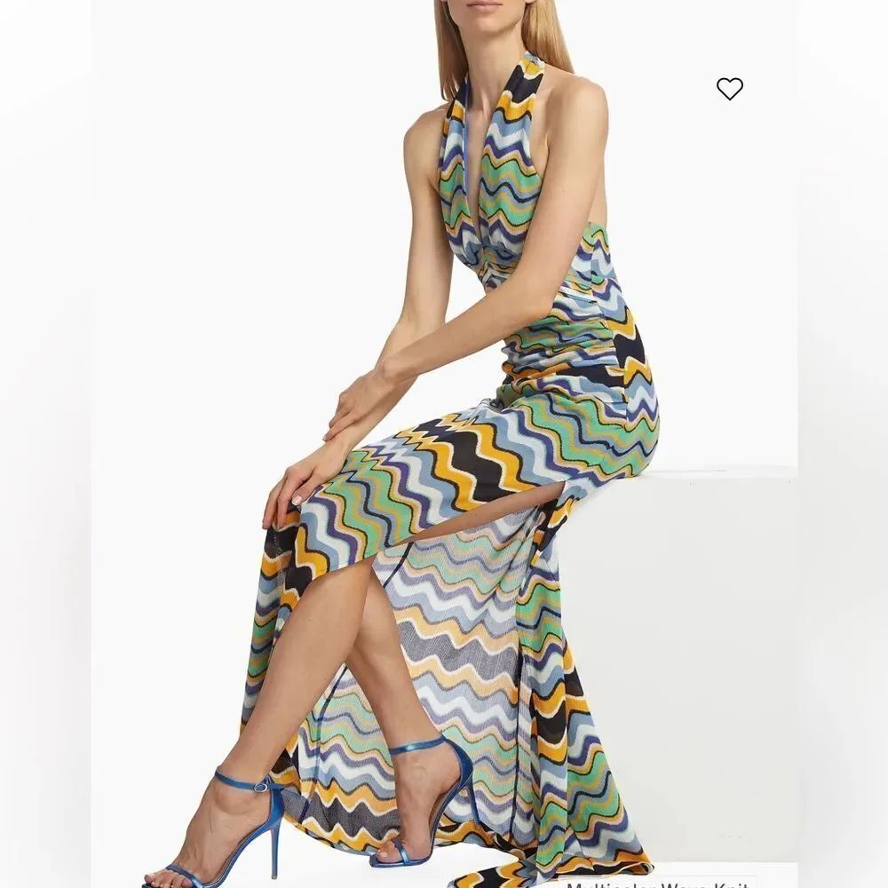 $495 Ramy Brook Alia Mulitcolor Wave Jacquard Halter Maxi Dress NWT